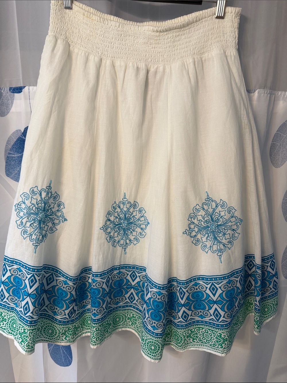 Style & Co., White Circle Skirt with Blue and Green Indian block print